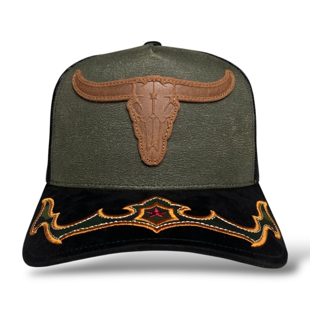 Cowboy Bull Longhorn Rodeo Western Trucker Hat, Suede Brim